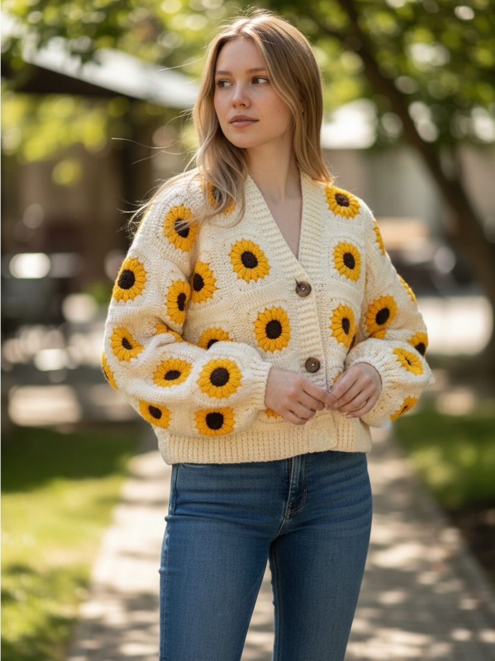 Sunflower Crochet Cardigan Sweater - Cream & Yellow